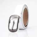 Women's minimalist white genuine leather belt with a dark grey metal pin buckle design - Black Buckle White