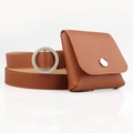 Cintura chic in pelle marrone con mini pochette coordinata e fibbia rotonda argento - Cammello