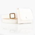 Chic white faux leather waist belt with matching mini square pouch and gold buckle - White