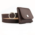 Dark brown leather waist belt with silver round buckle and matching mini pouch bag - Coffee