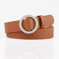 Minimalist brown leather belt for women with silver round buckle and orange stitching - Camel