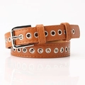Brown faux leather grommet belt with silver eyelets and classic pin buckle design - Camel