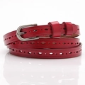 Red genuine leather skinny belt for women with hollow geometric patterns and silver buckle - Red