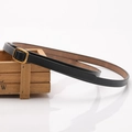 Classic black leather skinny belt for women featuring a vintage gold square buckle - Black