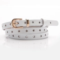 White genuine leather skinny belt for women with star-shaped cutouts and gold buckle - White