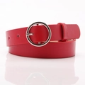 Fashionable red leather belt for women featuring a minimalist silver round metal buckle - Red