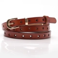 Dark brown leather skinny belt for women with star cutouts and a gold metal buckle - Camel