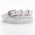 Women's slim white genuine leather belt featuring hollow out carving and silver buckle - White
