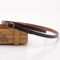 Women minimalist dark brown thin leather belt with a polished gold square buckle detail - Coffee