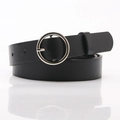 Minimalist black leather belt for women featuring a stylish polished silver O-ring buckle - Black