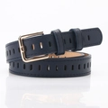 Navy blue faux leather skinny belt for women with golden buckle and hollow holes - Navy Blue
