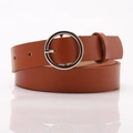 Classic vintage brown leather belt with a polished silver circular metal pin buckle - Camel