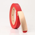 Women's thin red faux leather belt featuring a matte gold rectangular flat buckle - Red