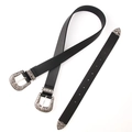 Vintage black leather belt with dual silver floral carved buckles and baroque textures - Black