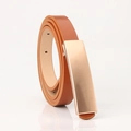 Elegant thin brown faux leather belt for women featuring a sleek gold rectangular buckle - Camel