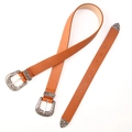 Bohemian light brown leather belt with vintage silver floral engraved double buckle - Camel