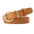 Women's minimalist camel faux leather belt with round matte gold buckle and fine stitching - Khaki/Earth Yellow
