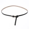 Slim black leather belt for women featuring an elegant gold double ring metal buckle - Black
