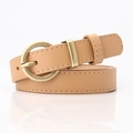 Women's light brown leather belt with round golden buckle and white contrast stitching - Khaki