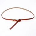 Slim reddish-brown leather belt for women with elegant golden oval metal buckle - Camel