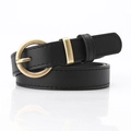 Classic black leather belt for women featuring a round antique gold pin buckle design - Black