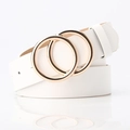 Slim white PU leather belt for women featuring a polished gold double O-ring metal buckle - White / 114cm