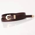 Women's skinny dark brown leather belt with vintage floral engraved golden buckle - Coffee
