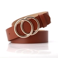 Women's slim brown faux leather belt featuring a golden double ring alloy buckle - Camel / 97cm