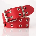Fashionable red leather belt with double silver metal eyelets and a classic double-prong buckle - Red