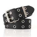 Black leather belt with double grommets and silver metal buckle featuring punk style - Black