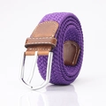Purple woven elastic canvas belt with brown leather trim and silver metal pin buckle - Purple