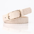 Chic cream beige textured leather belt for women with elegant gold pin buckle closure - Woven Beige