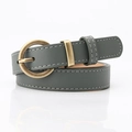 Dark gray slim leather belt with vintage gold buckle and white contrast stitching detail - Haze Blue