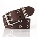 Dark brown leather belt with double row silver eyelets and a vintage metal buckle - Coffee