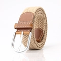 Cintura elastica intrecciata in tela beige con fibbia argento e dettagli in pelle - Cachi