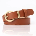Women's slim caramel brown leather belt with vintage round gold buckle for dresses - Camel