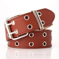 Brown punk style leather belt with double grommets and silver metal pin buckle - Camel