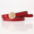 Elegant thin red leather belt for women featuring a minimalist round gold metal buckle - Red