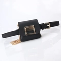 Mini black leather waist bag with gold square buckle and chain strap on belt - Black