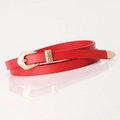 Women's thin red leather belt with vintage floral engraved golden buckle and metal tip - Red