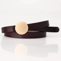 Elegant thin genuine leather belt for women with a gold round buckle in dark brown - Coffee