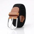 Cintura elastica intrecciata in tela nera con finiture in pelle marrone e fibbia argento - Nero