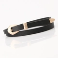 Women's slim black PU leather belt with vintage floral engraved rose gold metal hardware - Black