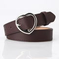 Women's slim dark brown faux leather belt featuring a silver heart shaped metal buckle - Coffee