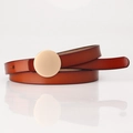 Elegant caramel brown leather skinny belt with minimalist matte gold round buckle for dresses - Camel