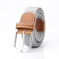 Elastic braided canvas belt in grey with brown leather trim and silver metal buckle - Gray
