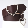 Dark brown leather belt for women featuring double silver heart buckles and charms - Coffee