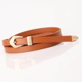 Women's matte tan PU skinny belt with vintage floral engraved golden alloy buckle - Camel