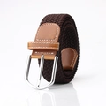 Ceinture élastique tressée marron foncé avec boucle argentée et finitions en cuir - Café Foncé