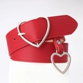 Red leather fashion belt for women featuring a stylish silver double heart buckle - Red